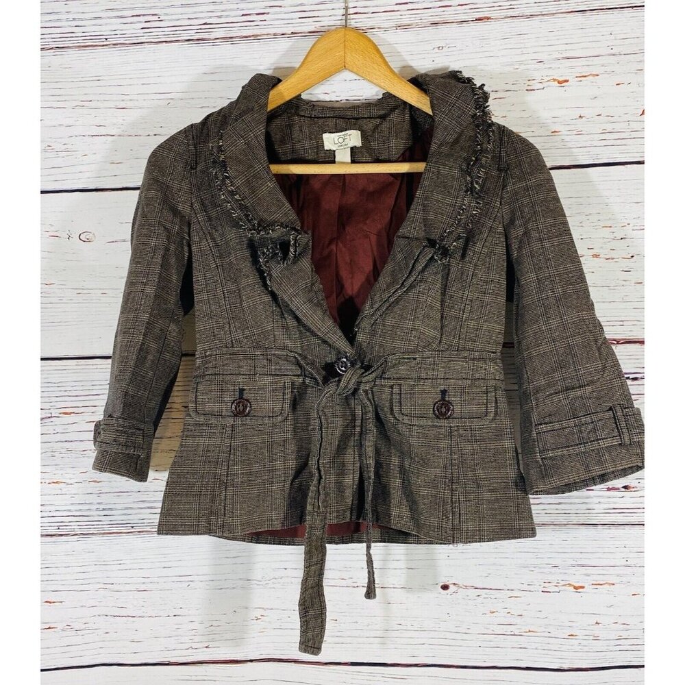 Ann Taylor Loft Blazer Jacket Sz 10 Petite Coat Button Front Brown Plaid Short